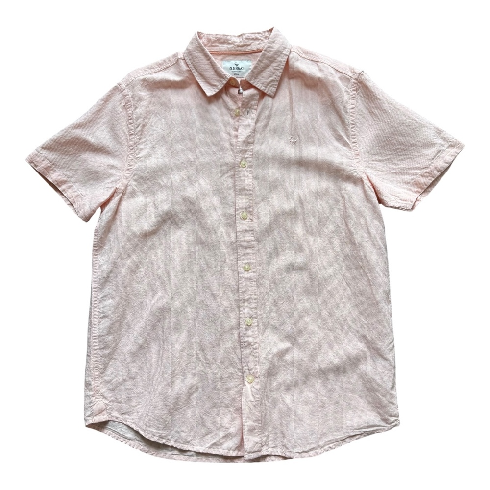 Old Khaki Light Pink Watermelon Linen Casual Button Up Shirt Pinstriped Mens M